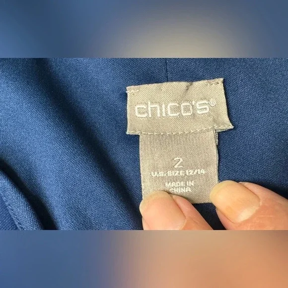 Chicos Faux Wrap Dress Navy V Neck Kimono Sleeves Midi A Line Work Size 2 US Lg - Picture 10 of 10